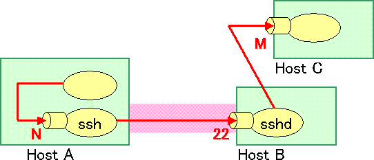 Fig.5: ssh clients and sshd forward the connection to the port M of host C.